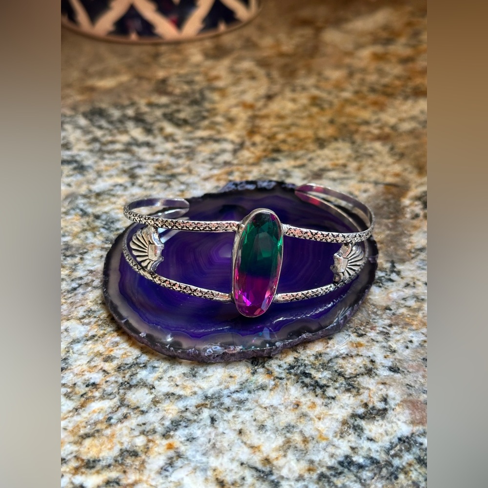 Silver Green Pink Tourmaline Stone Bracelet